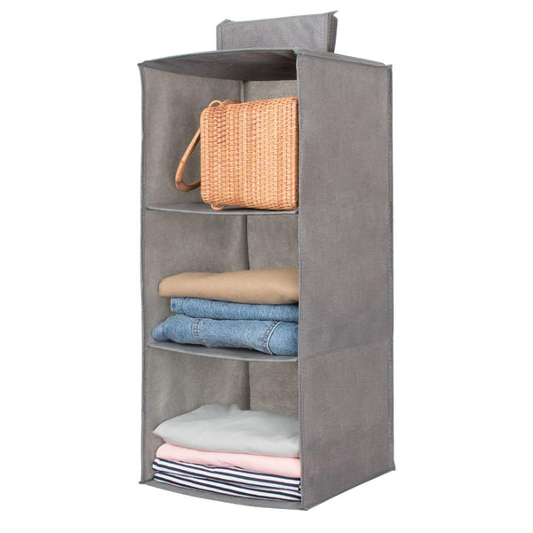 Hanging Closet Organizer,Sweater & sock Organizer with a Hook and Loops,Collapsible Storage Shelves for Clothes, pants and Shoes (Grey-3 Shelf)