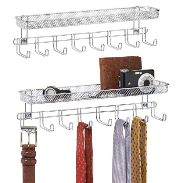 mDesign Closet Wall Mount Men's Accessory Storage Organizer Rack - Holds Belts, Neck Ties, Watches, Change, Sunglasses, Wallets - 8 Hooks and Basket - 2 Pack - Chrome