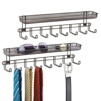 mDesign Closet Wall Mount Men's Accessory Storage Organizer Rack - Holds Belts, Neck Ties, Watches, Change, Sunglasses, Wallets - 8 Hooks and Basket - 2 Pack - Bronze