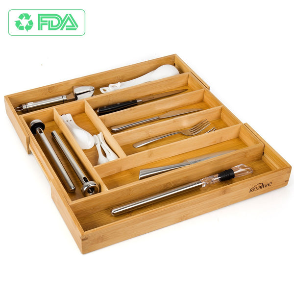 Kealive Bamboo Drawer Organizer, Expandable Kitchen Utensils Drawer Organizer