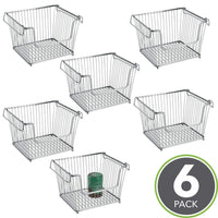 The best mdesign modern stackable metal storage organizer bin basket with handles open front for kitchen cabinets pantry closets bedrooms bathrooms large 6 pack silver