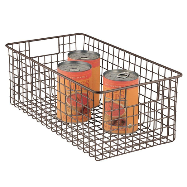 mDesign Farmhouse Decor Metal Wire Food Organizer Storage Bin Basket with Handles for Kitchen Cabinets, Pantry, Bathroom, Laundry Room, Closets, Garage - 16 x 9 x 6 in. - Bronze