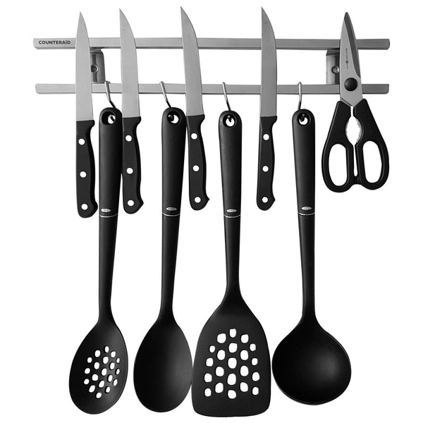 16 Inch, Multipurpose Stainless Steel Magnetic Knife Bar, For Kitchen Utensils, Office, Garage, Craft and Workshop Tools Wall Rack, 6 Removable Hooks, Screws and Hardware Included, By – CounterAid