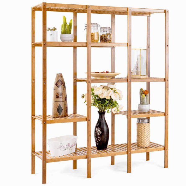 Top costway multifunctional bamboo shelf bathroom rack storage organizer rack plant display stand w several cell closet storage cabinet 5 tier