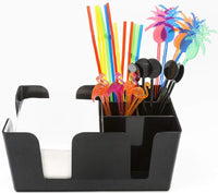 Bar Caddy (6 Compartments) – Bar Supplies Included – All Set and Ready To Go – Includes Napkins, Straws, and Drink Stirrers – Heavy Duty Refillable Bar Organizer (Black)