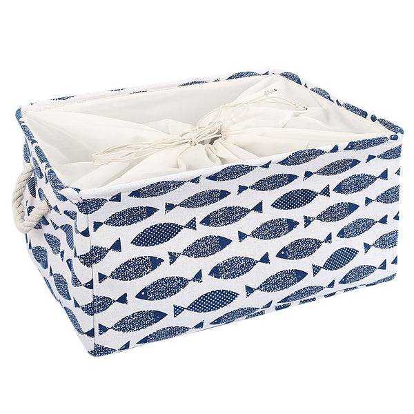 uxcell Canvas Fabric Storage Basket Bin for Shelves or Closet, Collapsible Storage Box Toys Laundry Organizer with Drawstring Closure, Blue Fish (X-Large - 17.7 x 13.8 x 9.8'')