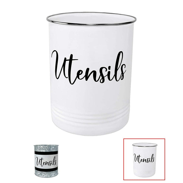 Kitchen Utensil Holder-Farmhouse Kitchen Decor-Large White Utensil Crock-Vintage Organizer-Kitchen Tool Caddy-Stainless Steel Rim-Countertop Storage Solution by Home Acre Designs