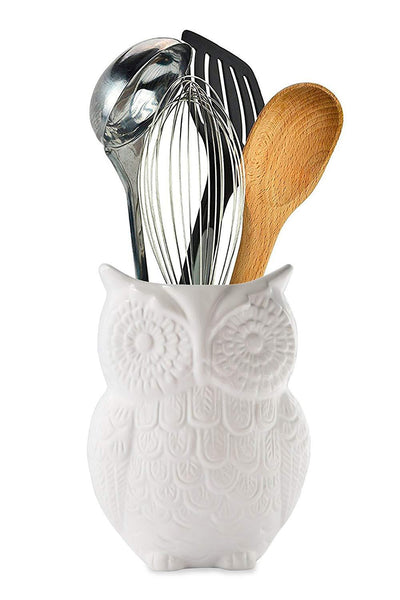 Comfify Owl Utensil Holder Decorative Ceramic Cookware Crock & Organizer, in Lovely White Color - Utensil Caddy and Perfect Kitchen Ceramic Décor Gift - 5” x 7” x 4” Size