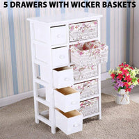 Exclusive durable dresser storage tower 5 drawers with wicker baskets sturdy frame wood top easy pulling organizer unit for bedroom hallway entryway closet white