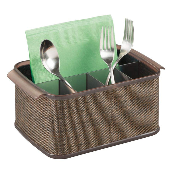 mDesign Plastic Cutlery Storage Organizer Caddy Tote Bin with Handles for Kitchen Cabinet or Pantry - Holds Forks, Knives, Spoons, Napkins - Indoor or Outdoor Use, Woven Accent - Bronze/Sand Brown