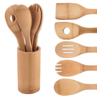 Comllen Premium Organic Kitchen Utensil Bamboo Wooden Set, 5 Piece Set Bamboo Spoons and Spatulas Cooking Utensils with Storage Organizer