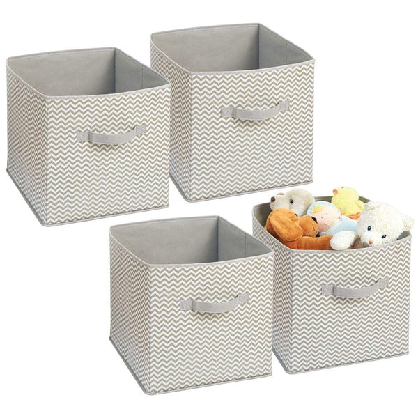 mDesign Soft Fabric Closet Storage Organizer Bin Box - Front Handle, for Cube Furniture Shelving Units Bedroom, Nursery, Toy Room - Chevron Zig-Zag Print - Large, 4 Pack - Taupe/Natural