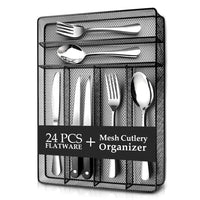Teivio 20-Piece Silverware Set, Flatware Set Mirror Polished, Dishwasher Safe Service for 4, Include Knife/Fork/Spoon with 4 Steak Knife and Wire Mesh Steel Cutlery Holder Storage Trays