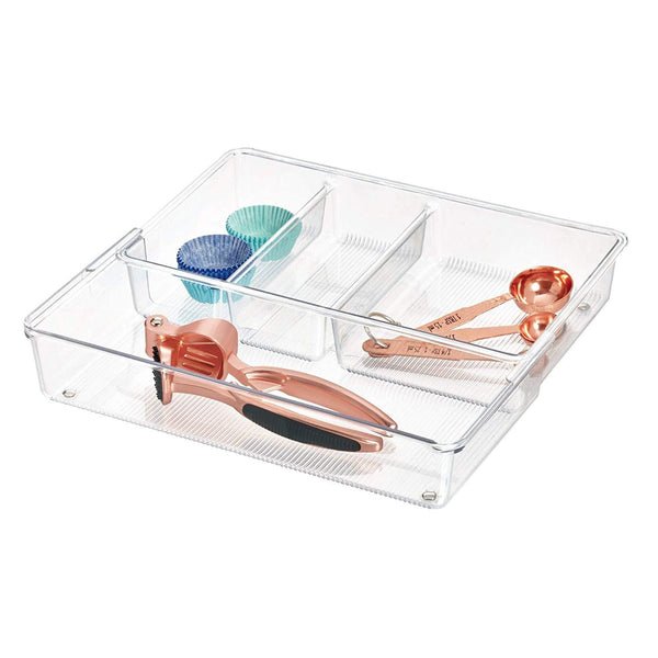 InterDesign Linus Expandable Kitchen Drawer Organizer for Silverware, Spatulas, Gadgets - 12" x 7" x 2.3", Clear