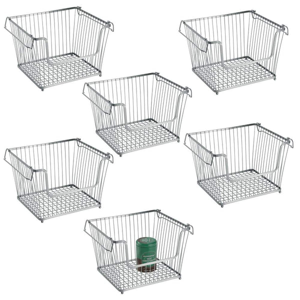 mDesign Modern Stackable Metal Storage Organizer Bin Basket with Handles, Open Front for Kitchen Cabinets, Pantry, Closets, Bedrooms, Bathrooms, Large, 6 Pack - Silver