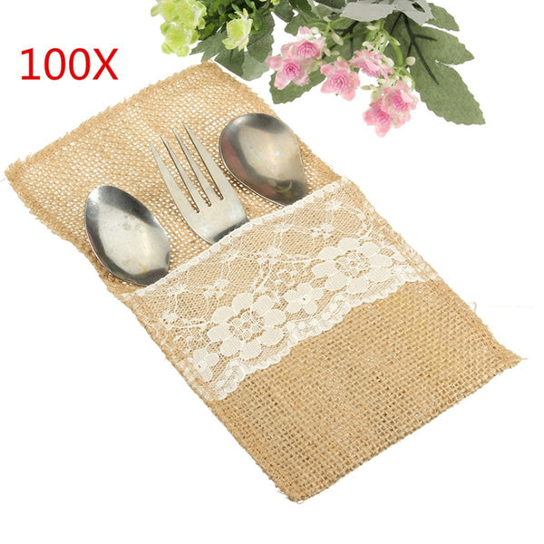Amazon kingso natural jute burlap lace utensil holders silverware napkin holders cutlery pouch knifes forks bag for country wedding decor bridal shower party table setting decor 100pcs