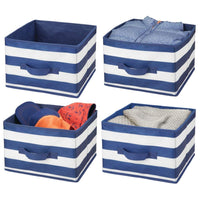 mDesign Soft Fabric Closet Storage Organizer Holder Box Bin - Attached Handle, Open Top, for Child/Kids Bedroom, Nursery, Toy Room - Wide Striped Print - Medium, 4 Pack - Navy Blue/White