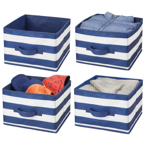 mDesign Soft Fabric Closet Storage Organizer Holder Box Bin - Attached Handle, Open Top, for Child/Kids Bedroom, Nursery, Toy Room - Wide Striped Print - Medium, 4 Pack - Navy Blue/White