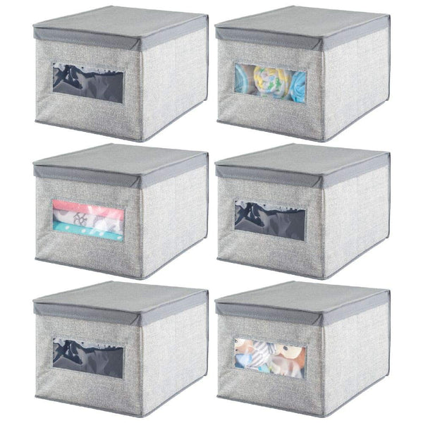 mDesign Decorative Soft Stackable Fabric Closet Storage Organizer Holder Box - Clear Window, Lid, for Child/Kids Room, Nursery - Large, Collapsible Foldable - Textured Print, 6 Pack - Gray