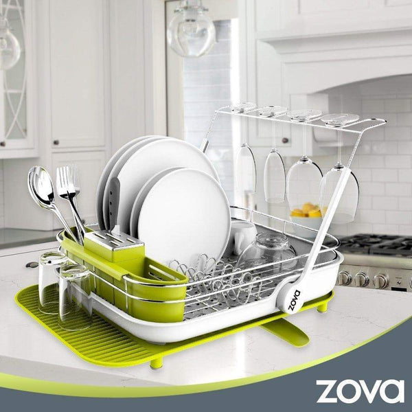 MR.SIGA zova Premium Stainless Steel Multi-Functional Dish Drying Rack with Cutlery Holder and Wine Glass Rack, Dish Drainer Utensil Organizer for Kitchen– Large, White &Green - adtwixt