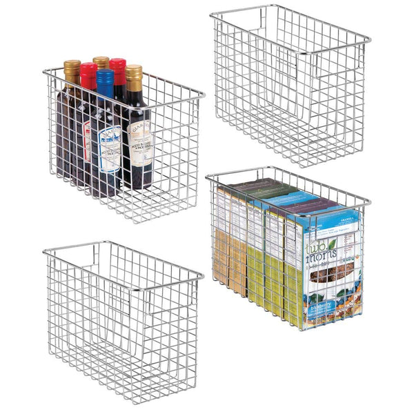 mDesign Household Metal Wire Storage Organizer Bins Basket with Handles for Kitchen Cabinets, Pantry, Bathroom, Landry Room, Closets, Garage - 4 Pack, 12" x 6" x 8", Chrome