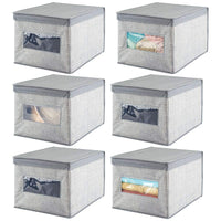 mDesign Soft Fabric Stackable Closet Storage Organizer Holder Box Bin with Clear Window, Attached Hinged Lid - Bedroom, Hallway, Entryway, Closet, Bathroom - Textured Print, Large, 6 Pack - Gray
