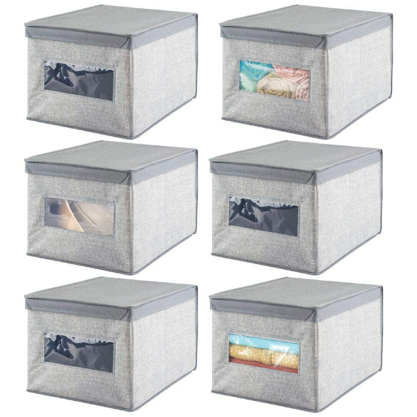 mDesign Soft Fabric Stackable Closet Storage Organizer Holder Box Bin with Clear Window, Attached Hinged Lid - Bedroom, Hallway, Entryway, Closet, Bathroom - Textured Print, Large, 6 Pack - Gray