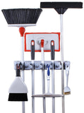 Order now greenco mop and broom organiser wall and closet mount organizer rack holds brooms mops rakes garden equipment tools and more contains 5 non slip automatically adjustable holders and 6 hooks
