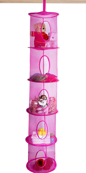 5 Tier Storage Organizer - 12" X 59" - Hang in Your Children’s Room or Closet for a Fun Way to Organize Kids Toys or Store Gloves, Shawls, Hats and Mittens. Attaches Easily to Any Rod. (Fuchsia)