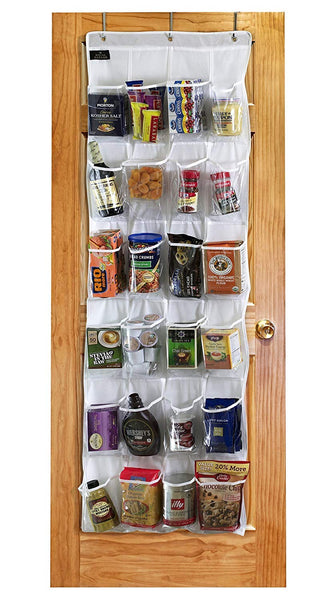 Regal Bazaar Over-the-Door Hanging White Pantry Organizer and Kitchen Storage Unit with 24 Crystal-Clear Vinyl Pockets and 3 Metal Hooks - Strong, Durable and Easy to Hang