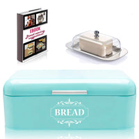 Vintage Bread Box For Kitchen Stainless Steel Metal in Retro Turquoise + FREE Butter Dish + FREE Bread Serving Suggestions eBook 16.5" x 9" x 6.5" Large Bread Bin storage by All-Green Products
