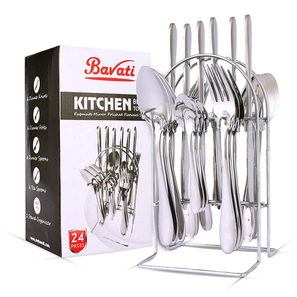Bavati Mirror Polished & Dishwasher Safe Kitchen Stainless-Steel Flatware Silverware Set Service for 6 with Stand Organizer, Dinner Knives, Forks, Spoons, Teaspoons Set