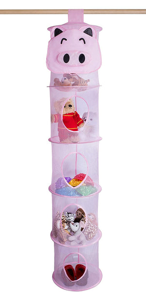 5 Tier Storage Organizer - 12" X 59" - Hang in Your Children’s Room or Closet for a Fun Way to Organize Kids Toys or Store Gloves, Shawls, Hats and Mittens. Attaches Easily to Any Rod. (Pig)
