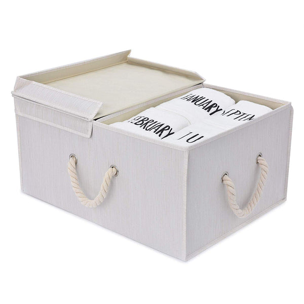 StorageWorks Storage Box with Lid and Strong Cotton Rope Handle, Foldable Clothes Closet Organizer, Mixture White, Bamboo Style, Jumbo, 65L Huge Capacity