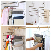 Discover the trusber stainless steel pants hangers s shape metal clothes racks with 5 layers for closet organization space saving for pants jeans trousers scarfs durable and no distortion silver pack of 5