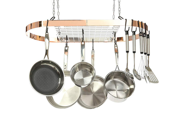 Kinetic Pot and Pan Rack with Ceiling Hooks - Premium Oval Mounted Oragnizer Rack with Multi Purpose Kitchen Organization and Storage for Home, Restaurant, Cookware, Utensils (Hanging Metallic Copper)