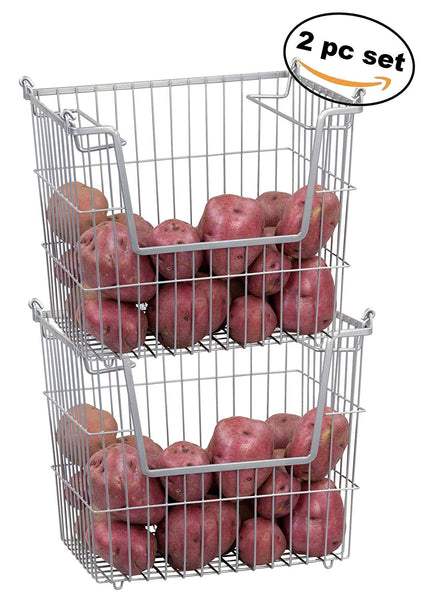 Deluxe 2pc Stackable Basket Closet Shelf Organizer, Stainless Steel