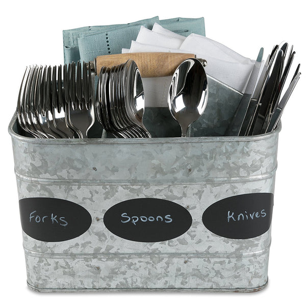 LifeSmart USA Galvanized Drinks Silverware Flatware Caddy Organizer for Kitchen Countertop Storage Dining Table - Comfortable Wooden Handle - Bonus Chalkboard Labels and Marker