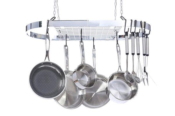 Kinetic Pot and Pan Rack with Ceiling Hooks - Premium Oval Mounted Oragnizer Rack with Multi Purpose Kitchen Organization and Storage for Home, Restaurant, Cookware, Utensils (Hanging Chrome)