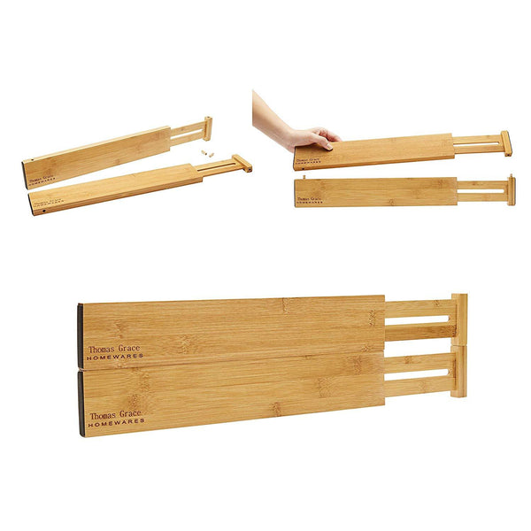 Bamboo Drawer Divider Organizer. Set of 4 - Spring loaded, Expandable, Adjustable & Stackable Dividers for kitchen, junk drawer, bedroom, bathroom, Baby or Desk Inserts