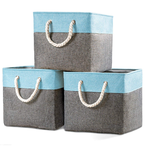 Prandom Large Foldable Cube Storage Baskets Bins 13x13 inch [3-Pack] Fabric Linen Collapsible Storage Bins Cubes Drawer with Cotton Handles Organizer for Shelf Toy Nursery Closet Bedroom(Gray/Blue)…