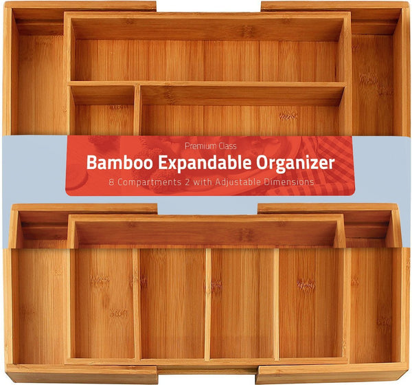 Utopia Kitchen Bamboo Expandable Cutlery Tray - Silverware & Utensils Organizer - 8 Compartment