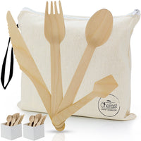 Disposable Wooden Cutlery Set by Chefast - Combo Kit Of 250 Eco-friendly Utensils - Includes Spoons, Forks, Knives, Mini-Spoons, 2 Organizers and Carry Bag - Biodegradable and Compostable Silverware