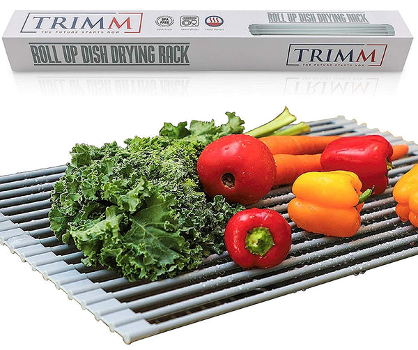 Over the Sink Drying Rack, Kitchen Dish Drainer, Supremely Versatile Dish Drying Rack, Rollable BPA-Free Silicone Coated Cooling Rack, Handy Drain Board Mat for Over Sink Salad Prep Grey by Trimm
