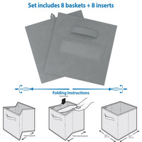 Exclusive royexe storage cubes set of 8 storage baskets features dual handles 10 label window cards cube storage bins foldable fabric closet shelf organizer drawer organizers and storage grey