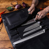 Heavy duty dalstrong vagabond professional knife roll full top grain brazilian leather roll bag midnight black 16 slots interior and rear zippered pockets blade travel storage case