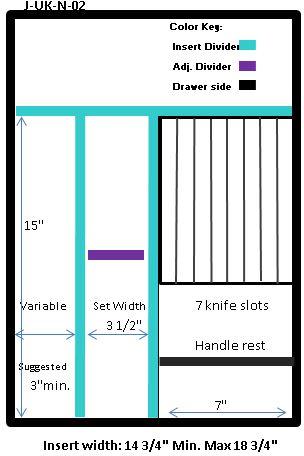 Craftsman Series - Style J Narrow Utensil Organizer & Cutlery Storage (J-UK-N-02)  Drawer Interior Size Range: Width 14 3/4 - 18 3/4", Depth 18" - 21". Insert Min/Max Height see details below - adtwixt